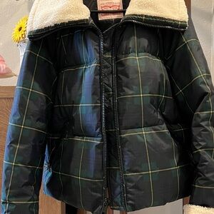 Levi's Black and Green Plaid Puffer Jacket with Sherpa Collar